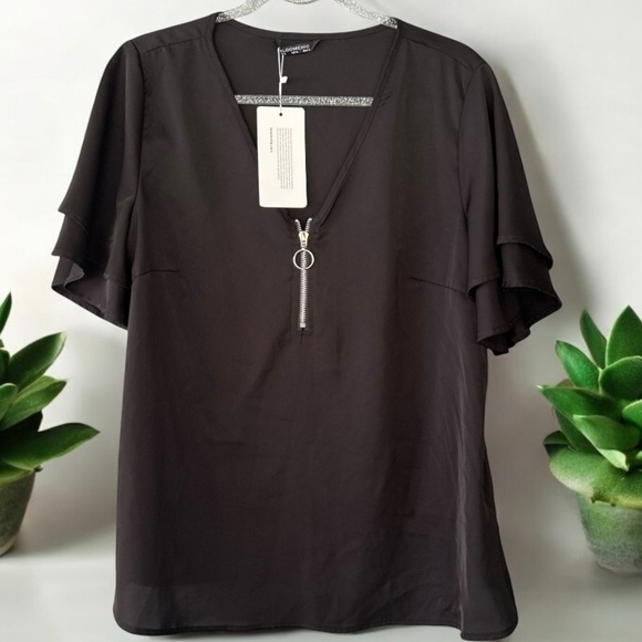 NWT! Black zipper oh bring ruffle black top size 10 or medium - Picture 1 of 5